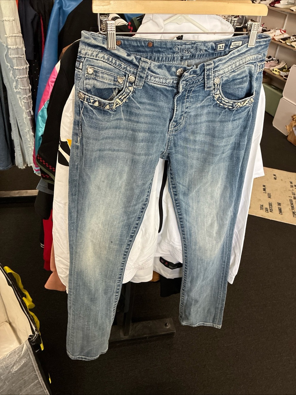 Miss Me Jeans SZ 31 Blue Bootcut Embroidered Sequin Denim Bling Boot Pre Owned